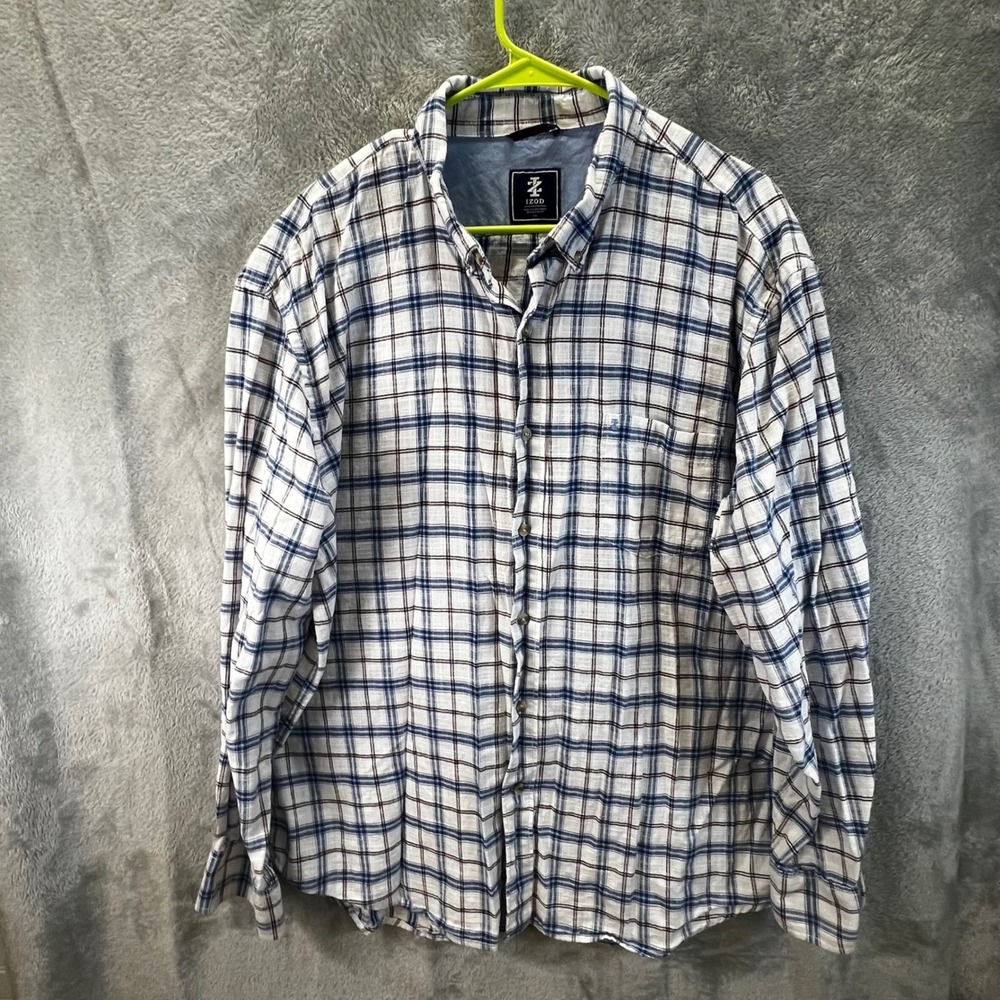 IZOD Mens XXL Long Sleeve Button Down Plaid Shirt White Blue Brown Essential Dad